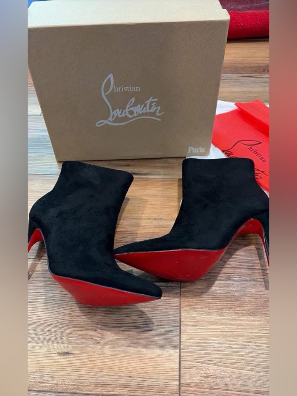 Size 39 Zip Black Suede Ankle Booties Red Bottoms (Not Auth)